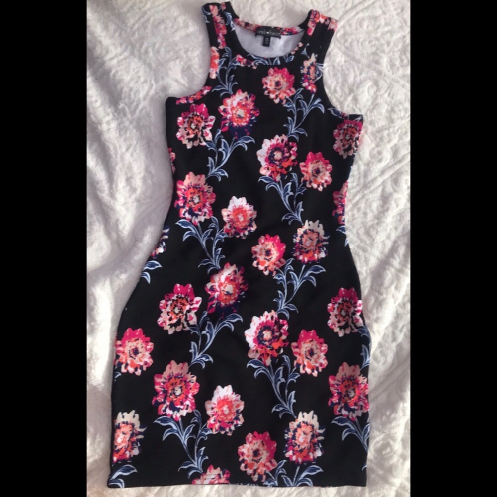Black floral body con dress